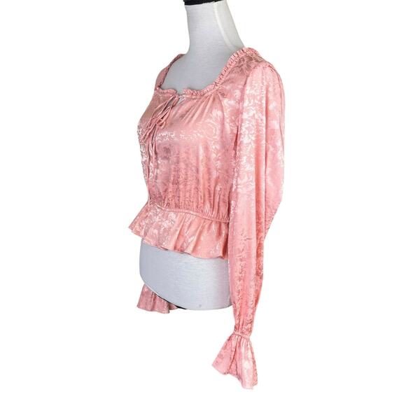 Divine Heritage Pink Floral Jacquard Satin Long Sleeve Peasantcore Blouse - Picture 5 of 13